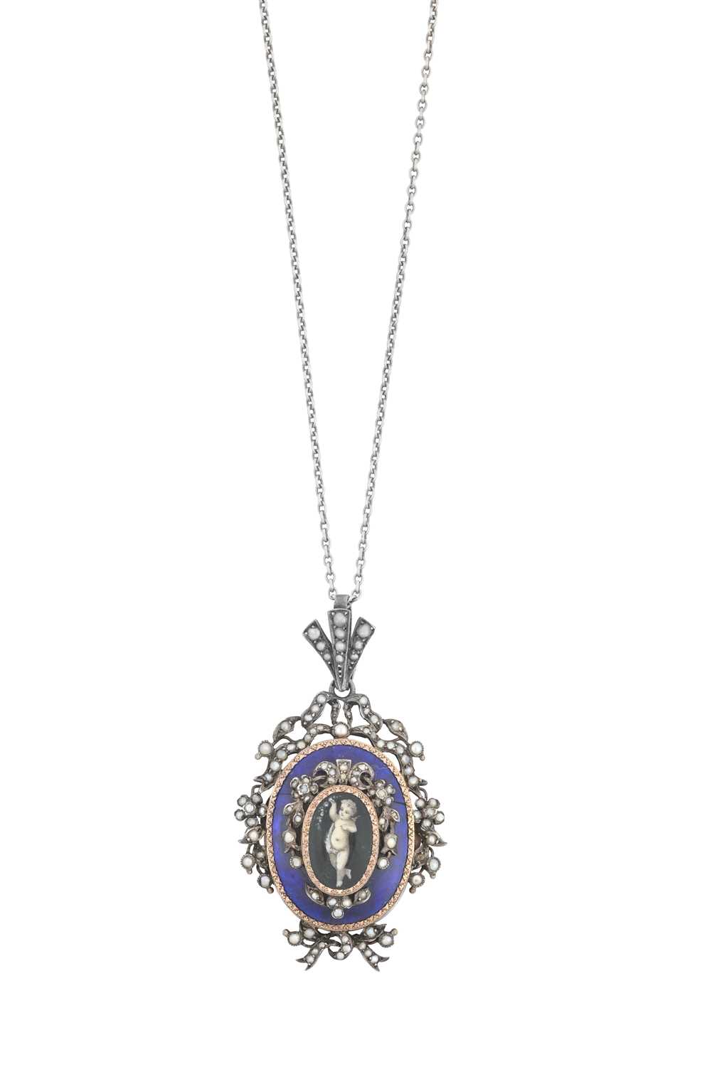 An Enamel and Split Pearl Pendant on Chain, circa 1815 the central locket compartment containing a