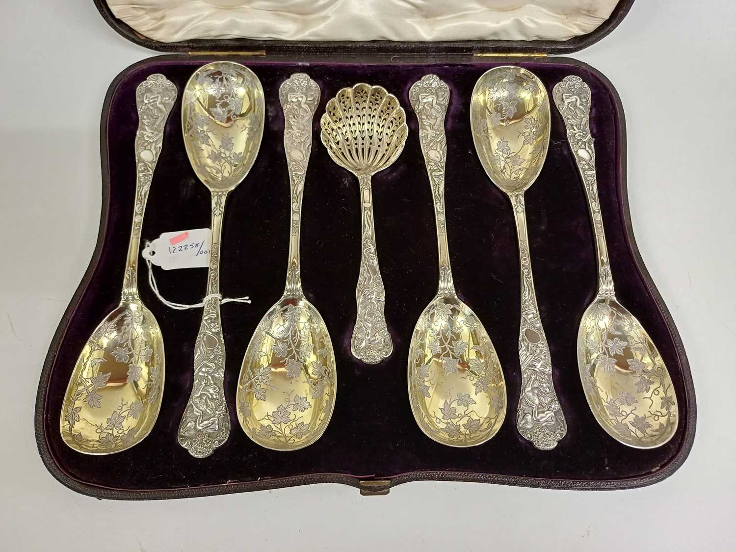 A Cased Set of Six Victorian Parcel-Gilt Silver Berry-Spoons and a Sifting Spoon, by Henry John Lia - Image 7 of 10