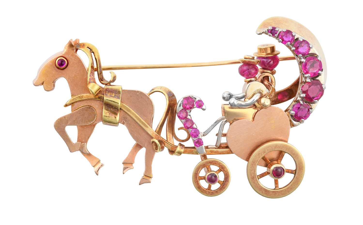 A Synthetic Ruby Novelty Brooch realistically modelled as a yellow horse and carriage driven by