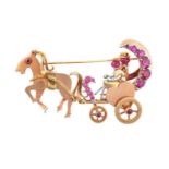 A Synthetic Ruby Novelty Brooch realistically modelled as a yellow horse and carriage driven by