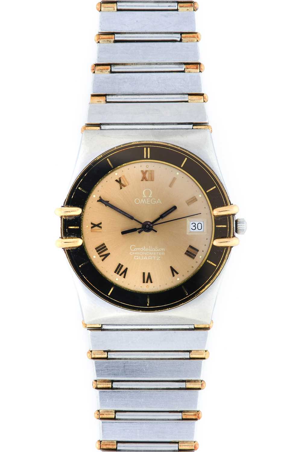 Omega: A Steel and Gold Calendar Centre Seconds Wristwatch, signed Omega, Chronometer, model: