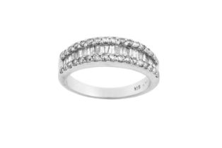 A Diamond Half Hoop Ring a row of tapered baguette cut diamonds within two rows of round brilliant