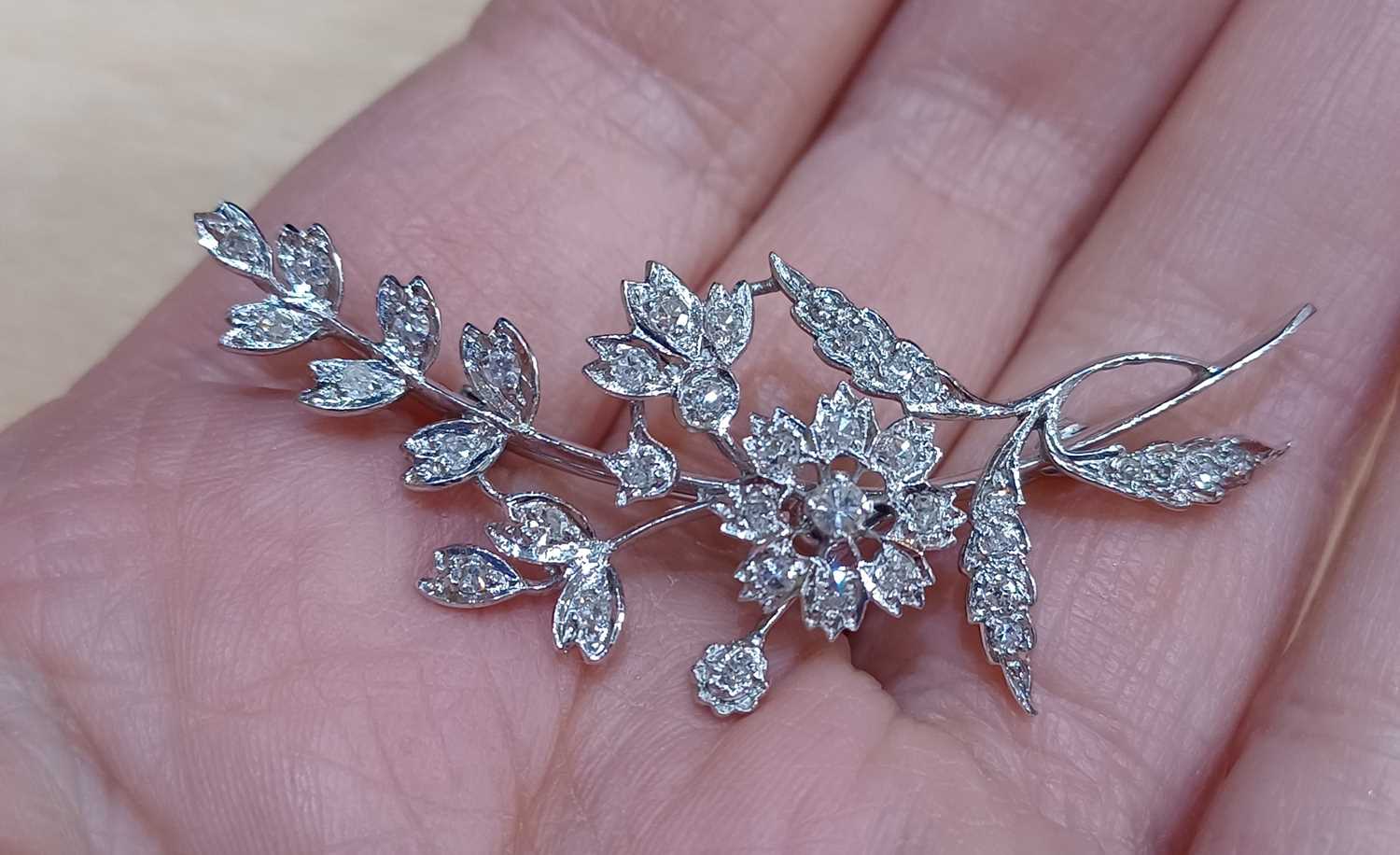 An 18 Carat White Gold Diamond Floral Spray Brooch set throughout with round brilliant cut and - Image 3 of 4