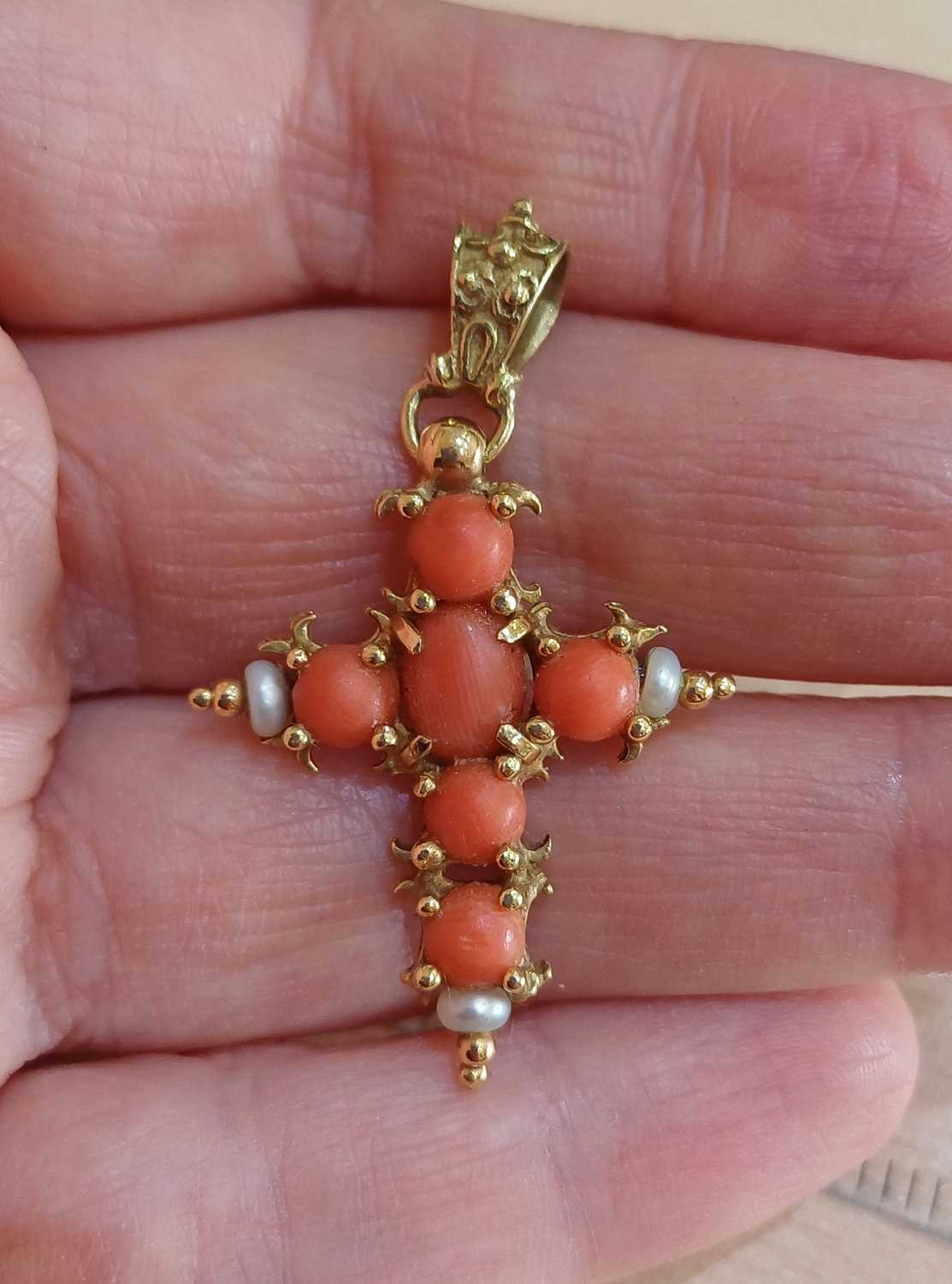 A Coral and Seed Pearl Pendant and A Coral, Split Pearl and Enamel Ring the cross pendant formed - Image 6 of 6