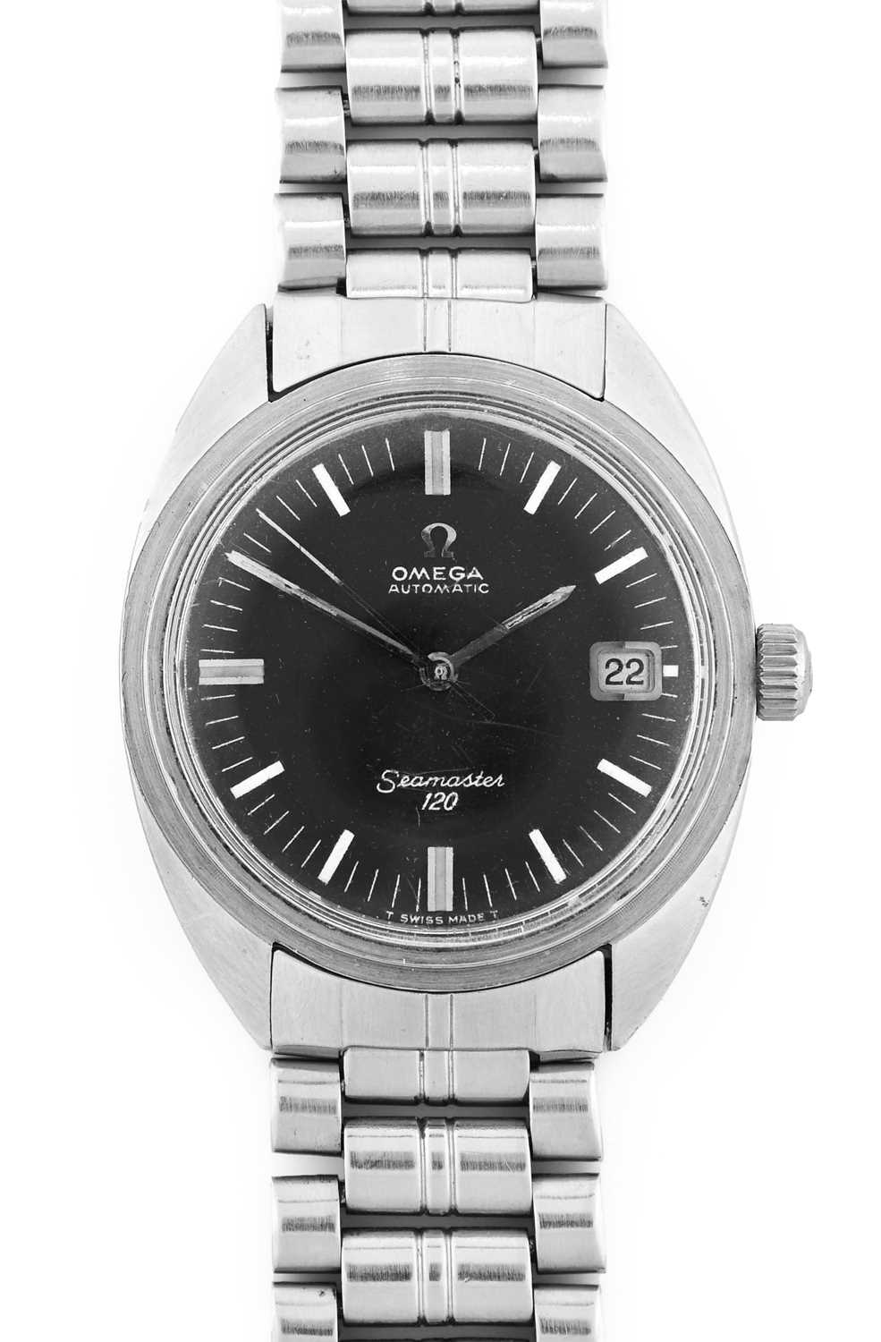 Omega: A Stainless Steel Automatic Calendar Centre Seconds Wristwatch, signed Omega, model: