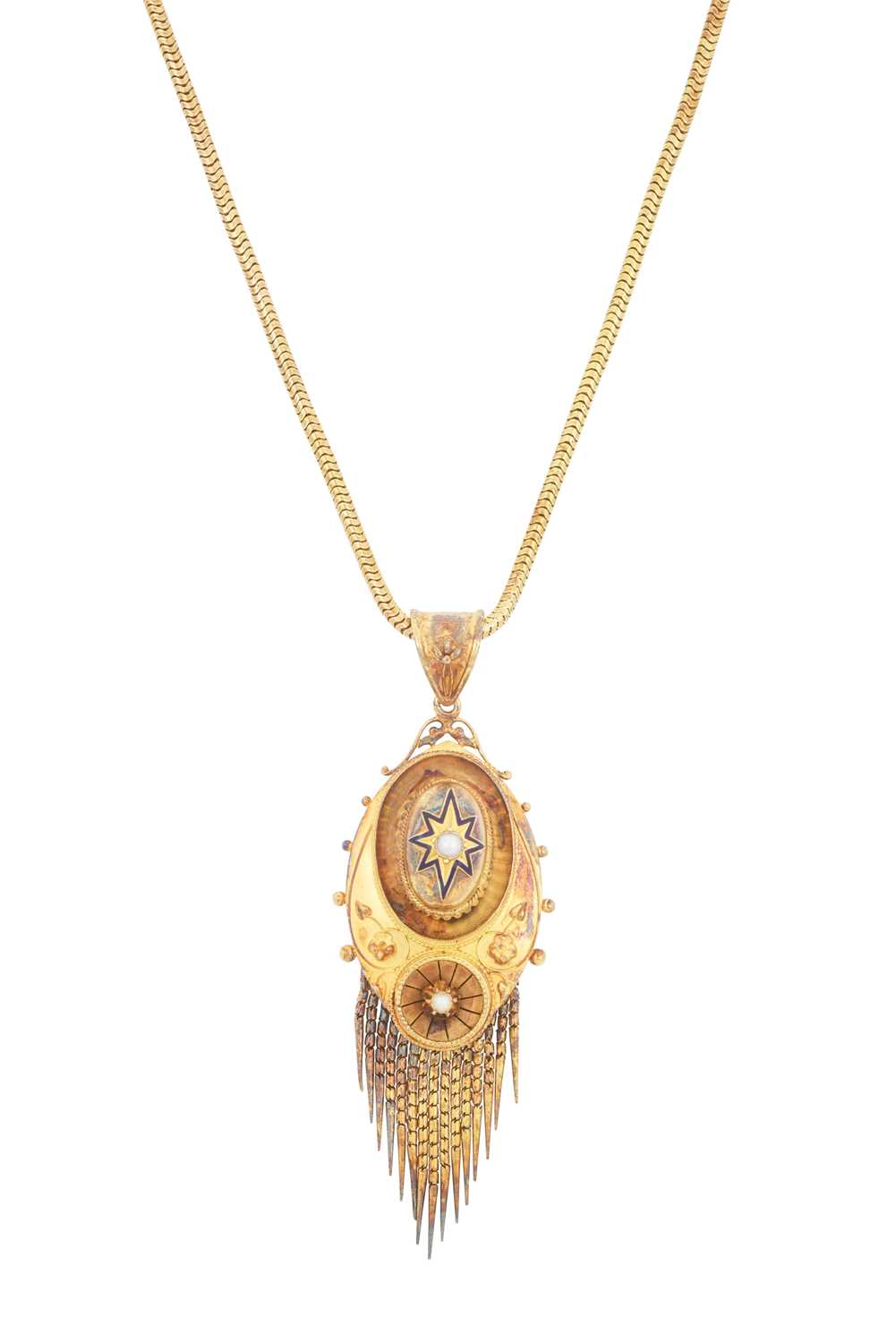 A Victorian Enamel and Split Pearl Pendant/Locket on Chain the oval plaque with a rasied dome