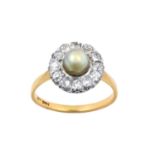 A Cultured Pearl and Diamond Ring the cultured pearl within a border of old cut diamonds, in white