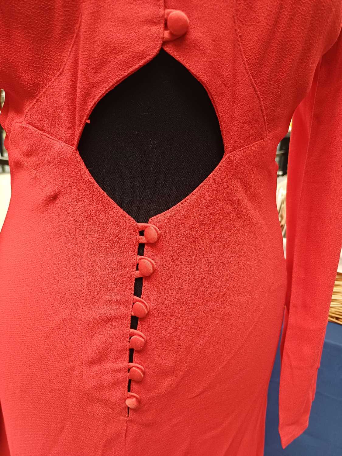 Ossie Clark Red Moss Crepe Long Dress with long sleeves, covered buttons with loop fastenings to the - Image 15 of 20