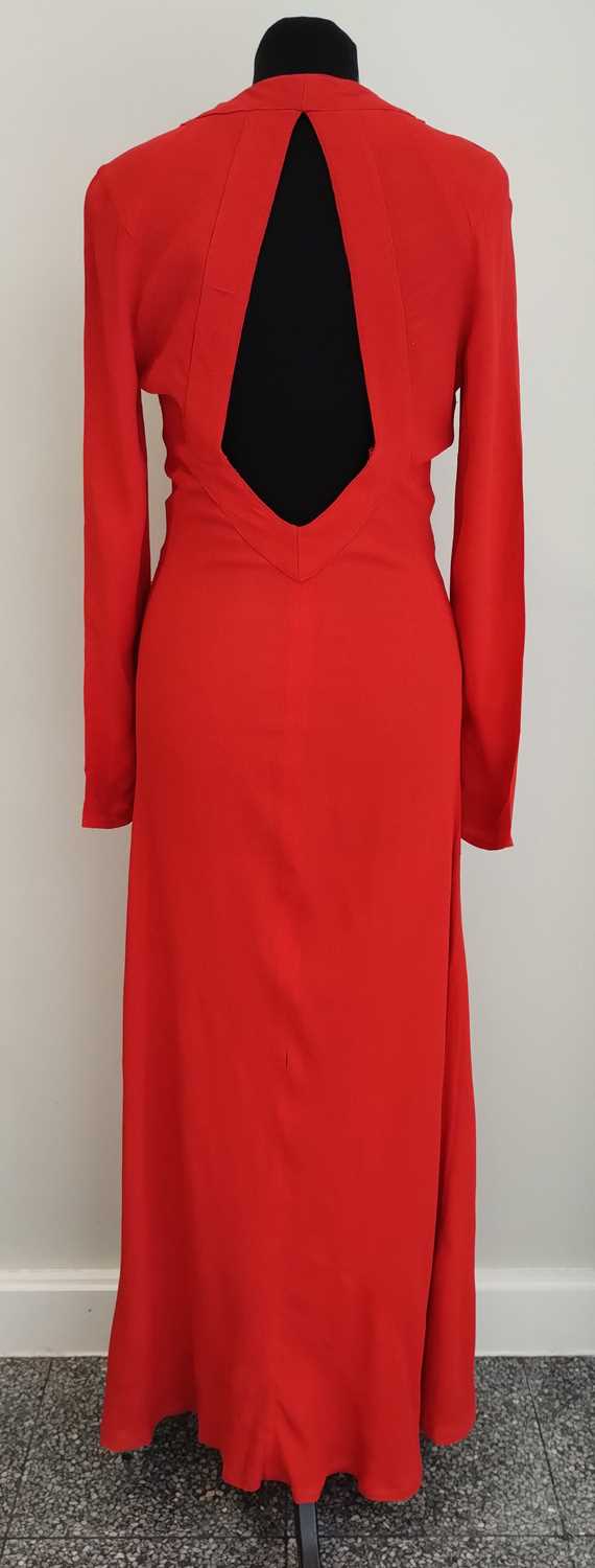 Ossie Clark Red Moss Crepe Long Dress with long sleeves, covered buttons with loop fastenings to the - Image 3 of 20