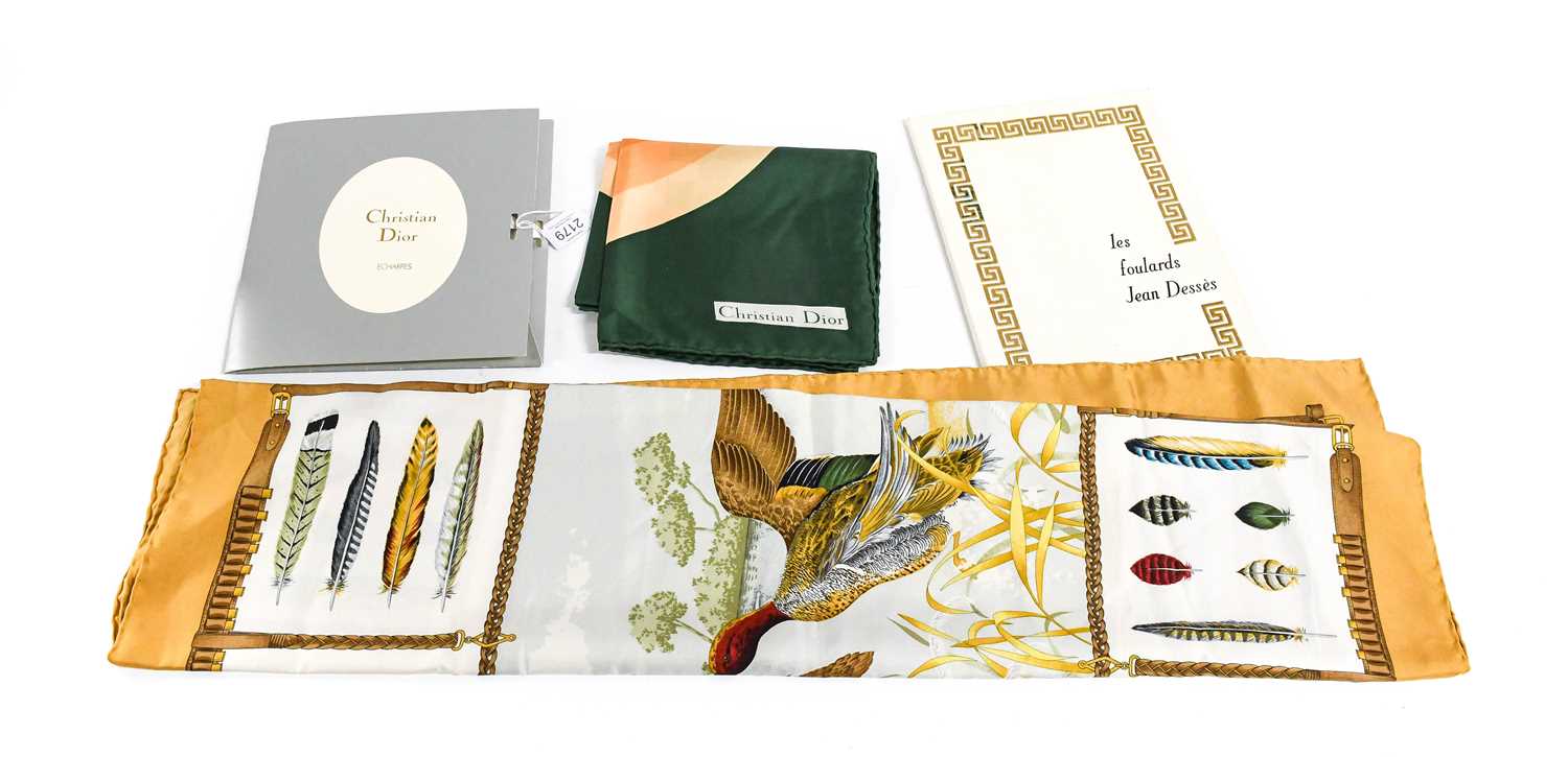 Christian Dior Silk Scarf with stylised D design within a green border, in original card envelope,