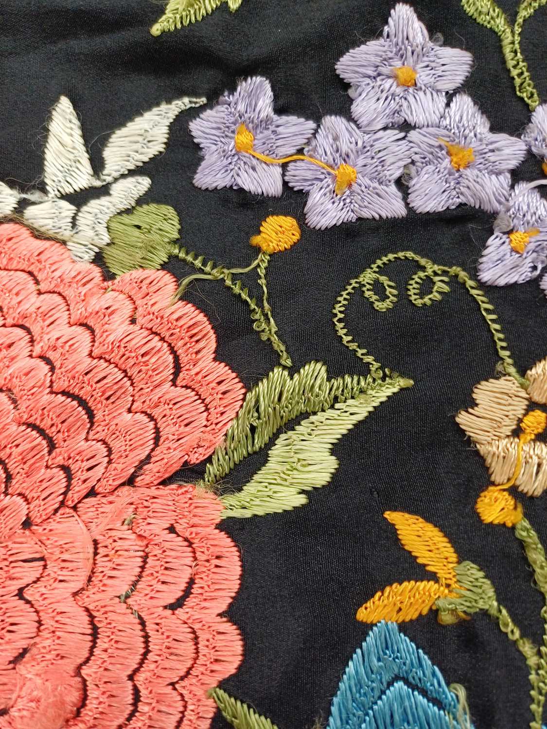 An Early 20th Century Chinese Black Silk Shawl Embroidered with Silk Flower Heads, in various - Image 3 of 6