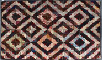 20th Century Silk Log Cabin Pattern Patchwork Quilt, in mainly blues, creams and browns, with a hand