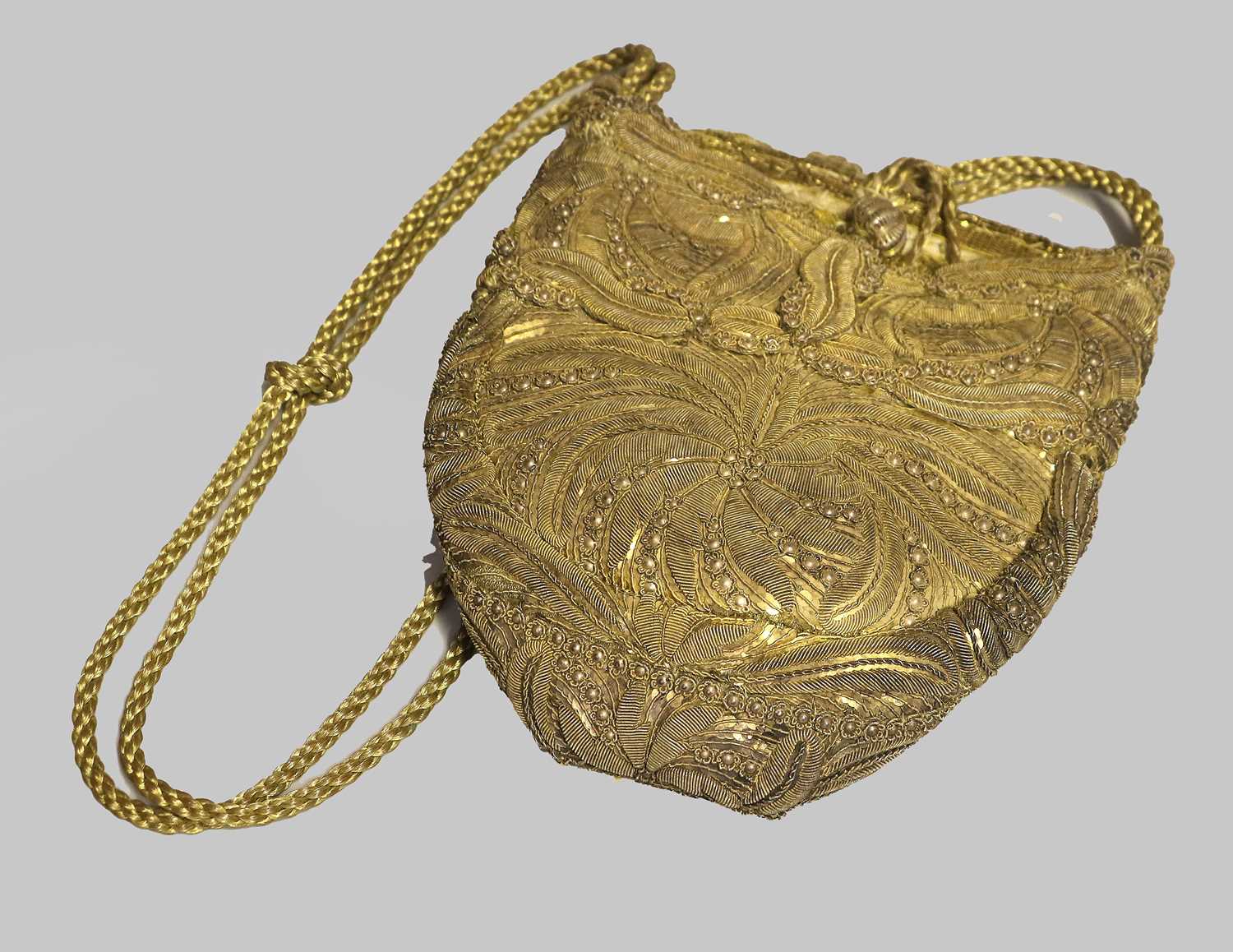 A Late 18th Century Gilt Floral Woven and Sequin Bag, decorated with flower heads incorporating