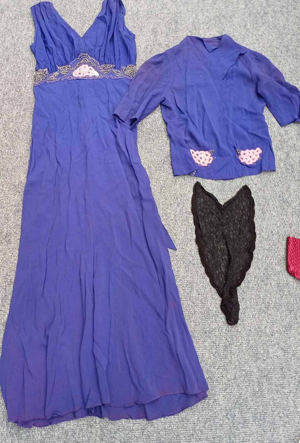 Assorted 20th Century Costume Accessories comprising a circa 1930s purple crepe sleeveless long - Image 14 of 26