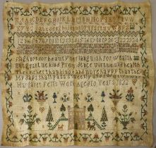 An Unframed Sampler by Margaret Fells Age 10 1822, with alphabet and central verse within bands of