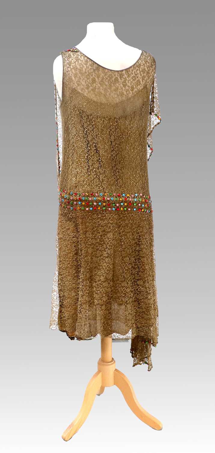 Circa 1920s Gold Lace Mounted Sleeveless Drop Waist Dress, with multi-coloured jewelled waistband, - Image 2 of 10