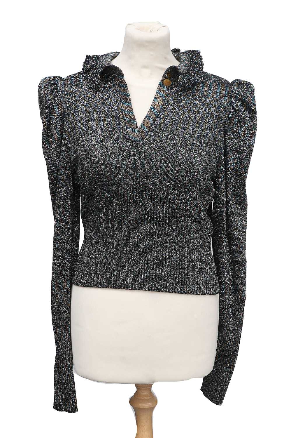 Circa 1990s Vivienne Westwood Knitwear Sparkly Knit Top, with a high frilled collar, button