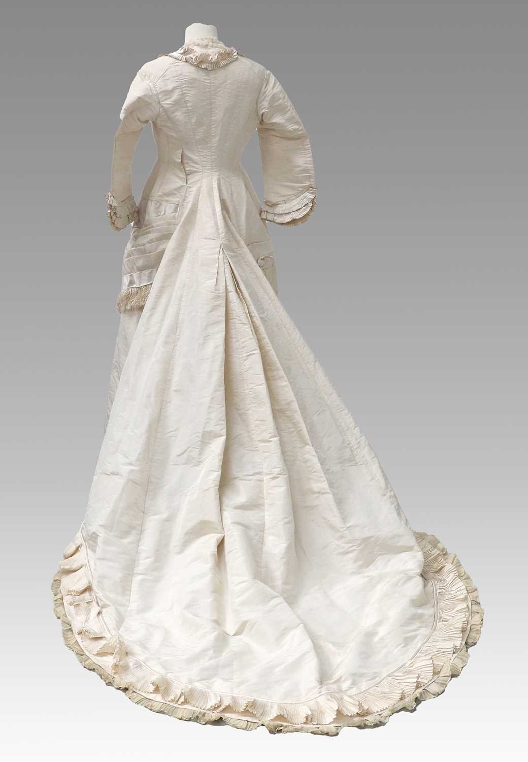 Victorian Cream Silk Wedding Dress with multi pleated trims to the front, cuffs and hem, button - Image 2 of 11