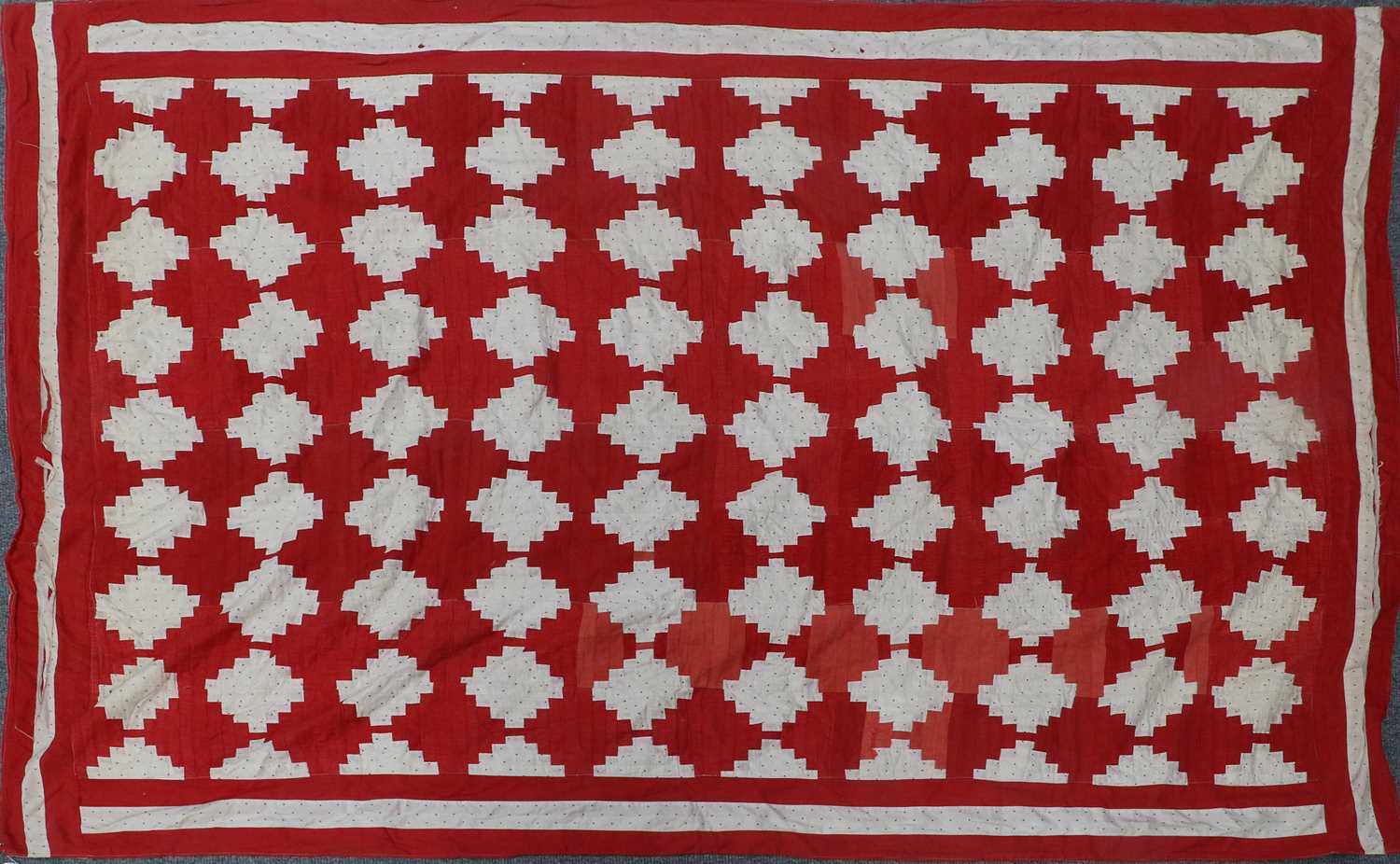 Late 19th Century Turkey Red and White Spot Patchwork Bed Cover, cream to the reverse, 195cm by