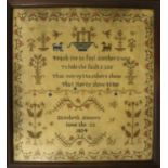 A Sampler By Elizabeth Manson, Dated June 28 1834 with a central verse and decorative motifs