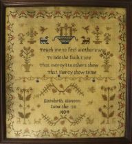 A Sampler By Elizabeth Manson, Dated June 28 1834 with a central verse and decorative motifs