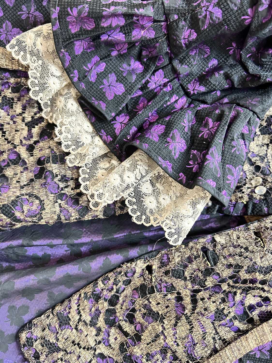 19th Century Purple and Black Silk Brocade Two Piece, comprising a fitted long sleeve jacket woven - Image 8 of 19