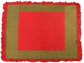 Late 19th Century Reversible Quilt, in red and olive green cotton with a central square and