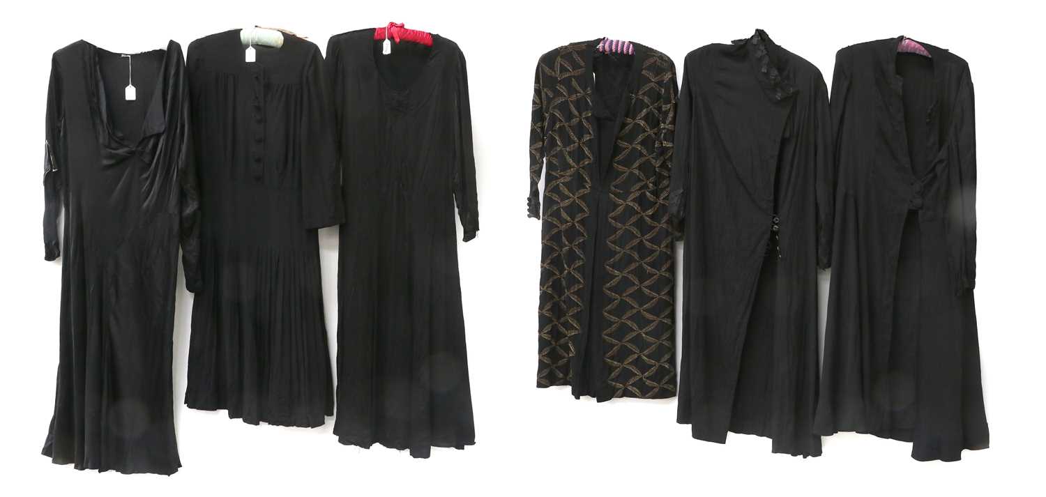 Circa 1930s Black Crepe and Silk Dresses and Coats, comprising two full length black silk long