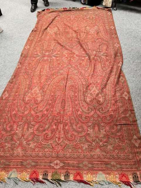 Large 19th Century Woven Red Ground Paisley Shawl/Cloth, 170cm by 345cm Fading and wear overall. - Image 6 of 8