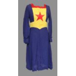 Circa 1960s Wallis Fashion Shops Dress, in blue crepe type fabric with red satin trimmed boat shaped