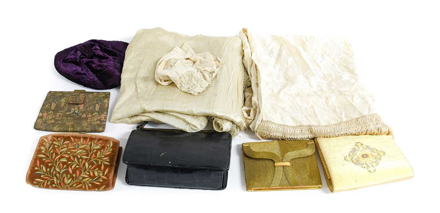 Early 20th Century Costume Accessories comprising a French peach velvet embroidered clutch bag