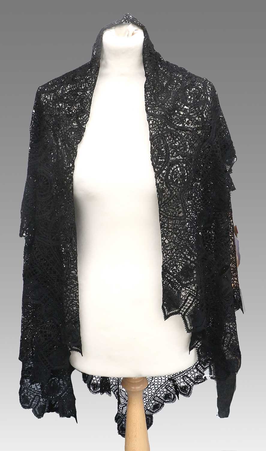 Early 20th Century Chinese Black Silk Shawl with cream silk floral embroidery, 115cm square - Image 4 of 14