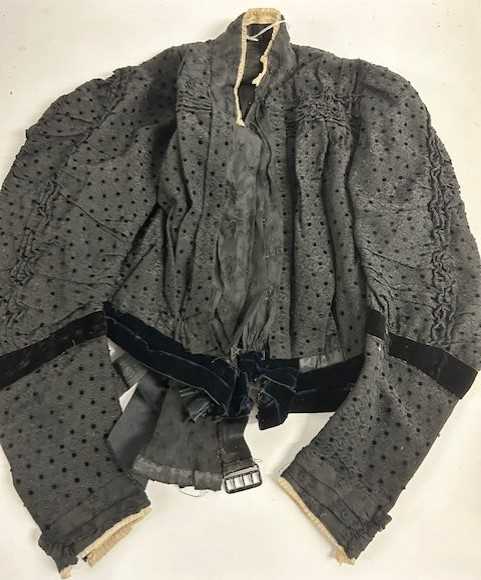 Late 19th Century Costume comprising a black woven and black spotted long sleeved bodice with velvet - Image 9 of 11