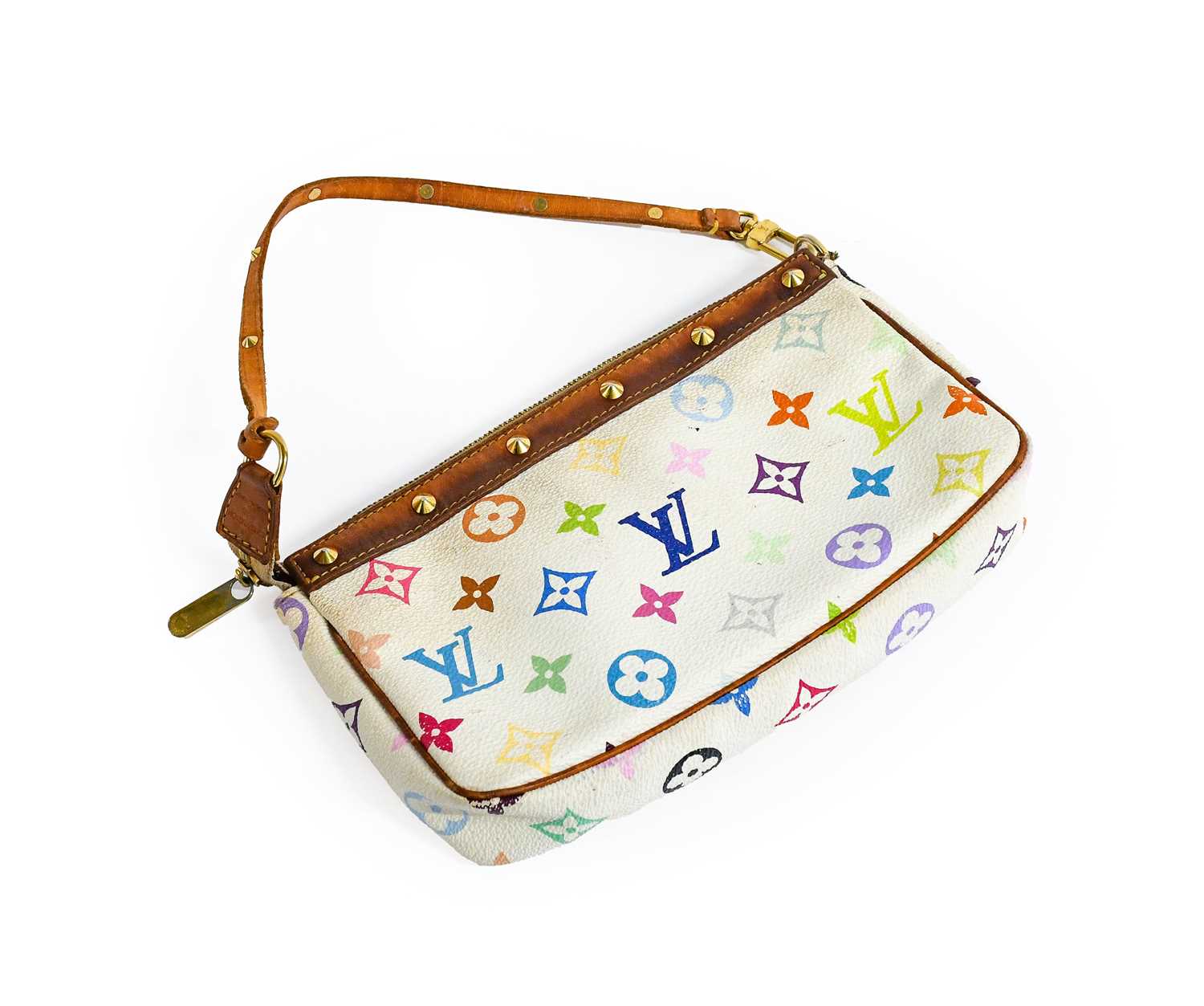 A Louis Vuitton Multi-Coloured Pochette Bag, with light tan trim and gilt metal stud decoration, and