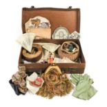 Decorative Accessories comprising an expanding hat mould stamped '7 1/4', basket shaped sewing box