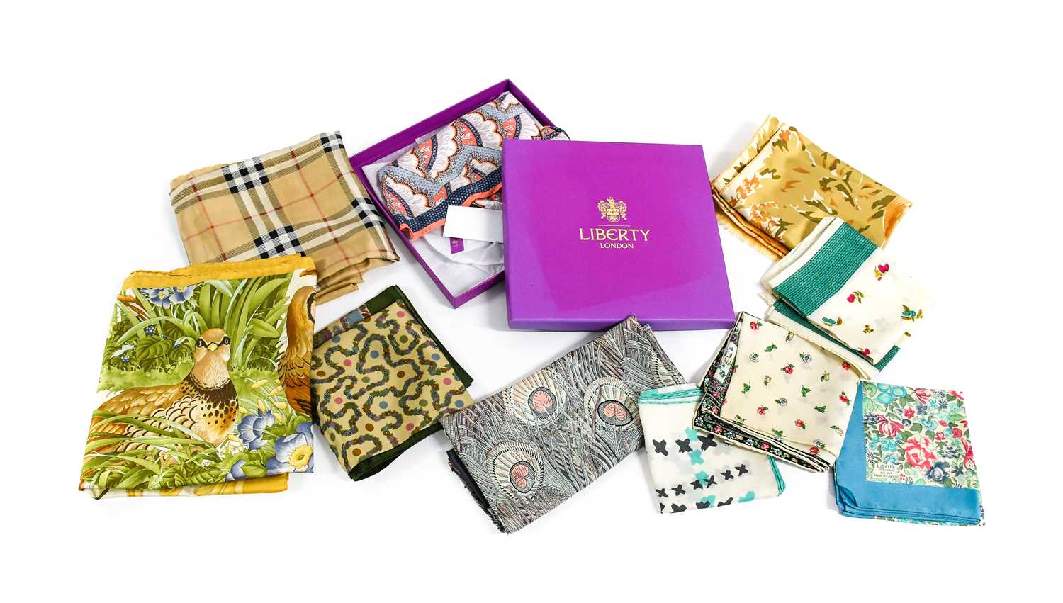 Liberty Triangular Silk Scarf (in original card box), three Liberty silk scarves, Burberry, Nina