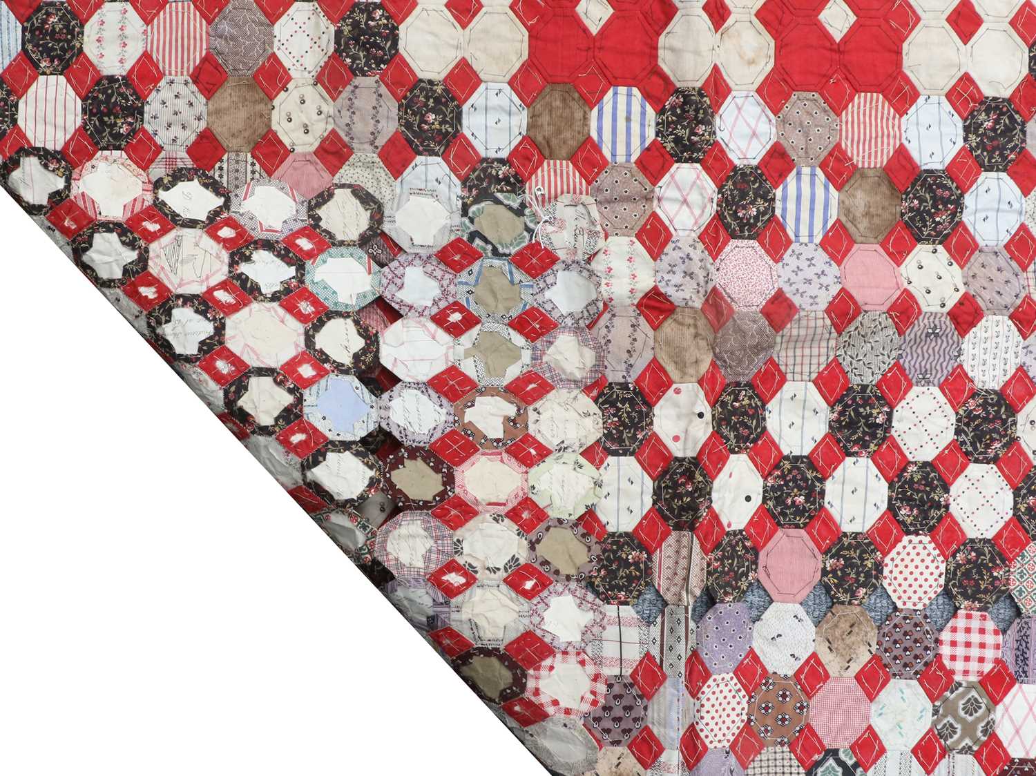 19th Century Unfinished Patchwork Quilt, incorporating octagonal cotton patches with a centre square - Image 2 of 2