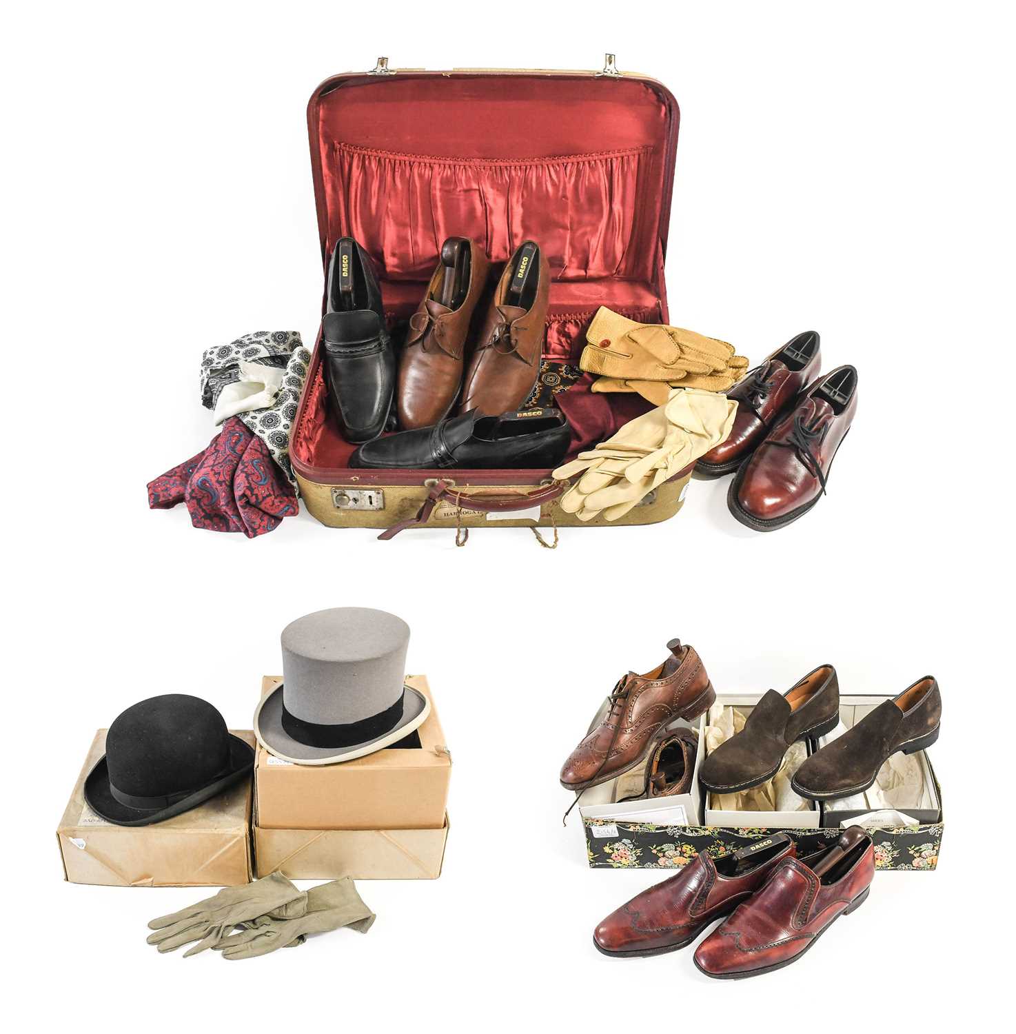 Assorted 20th Century Gents Costume Accessories comprising a pair of brown leather lace up brogues