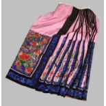 Early 20th Century Chinese Skirt in pink figured silk, with bright silk floral embroidery to the