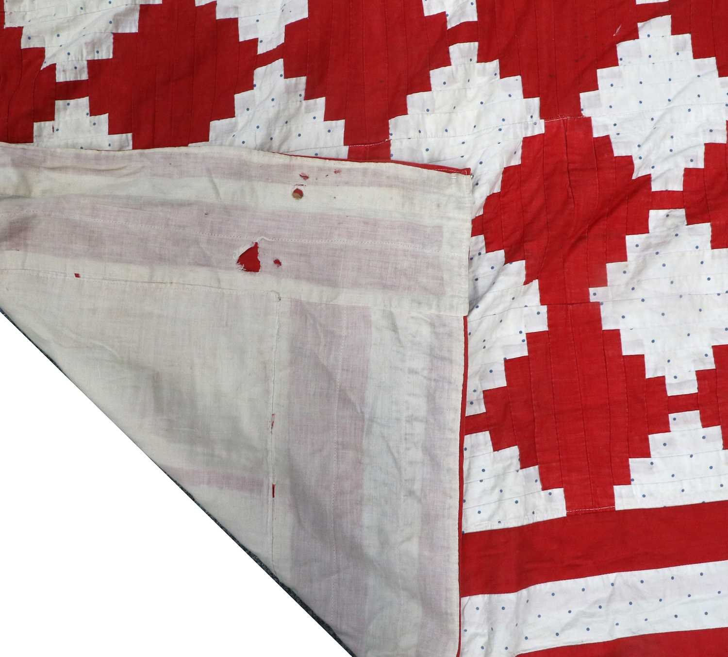 Late 19th Century Turkey Red and White Spot Patchwork Bed Cover, cream to the reverse, 195cm by - Image 2 of 2