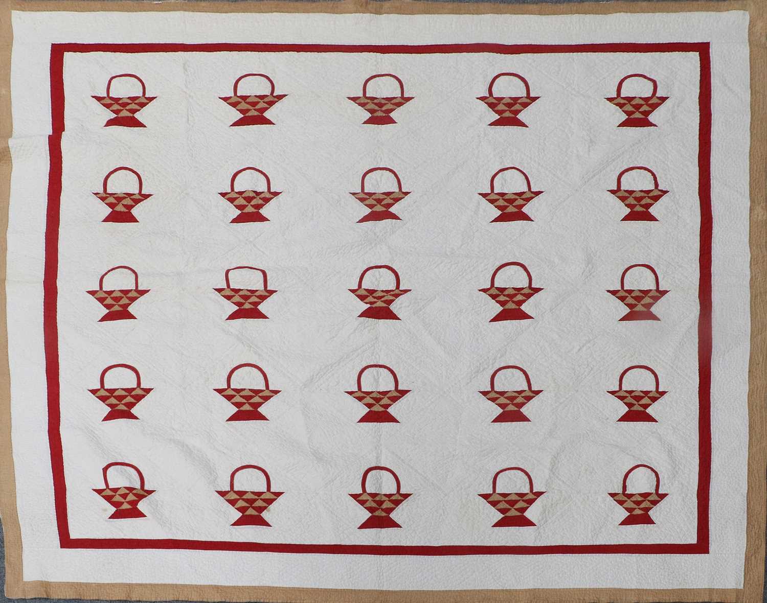 19th Century Basket Designed Patchwork Quilt, on a white ground with turkey red and dark cream