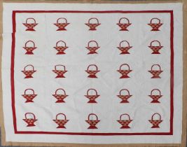 19th Century Basket Designed Patchwork Quilt, on a white ground with turkey red and dark cream