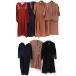 Assorted Circa 1940s Ladies Costume, comprising a black wool coat with buttons down the front,