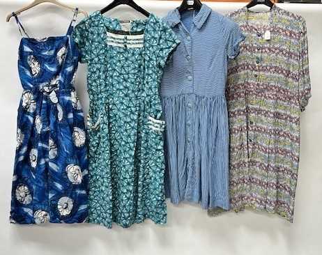 Circa 1950s Printed Cotton Dresses, comprising Rhona Roy London short sleeved dress, blue, purple - Image 2 of 4