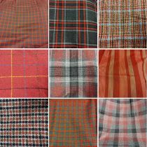 Assorted Mainly Red Wool Fabric Lengths, comprising a Trefriw Woollen Mills purple herringbone skirt