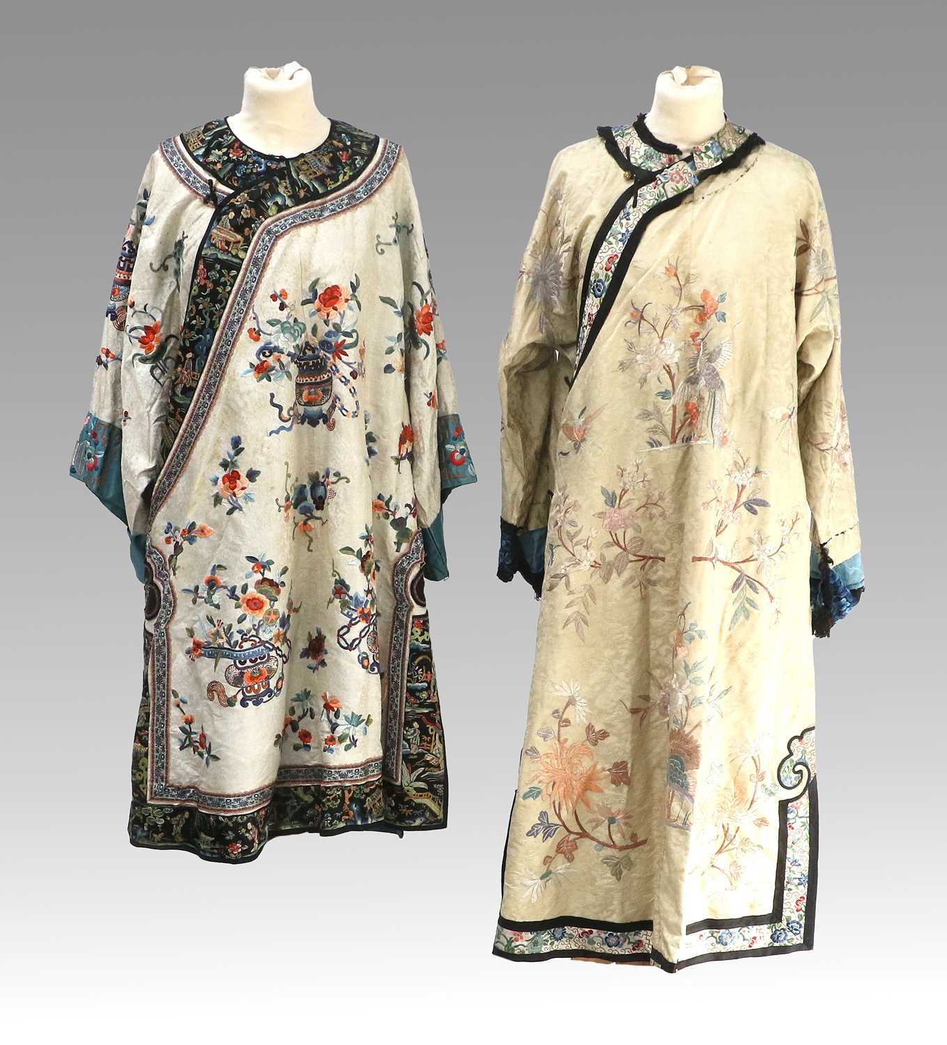 Early 20th Century Chinese Dark Cream Figured Silk Robe embroidered with decorative birds and floral