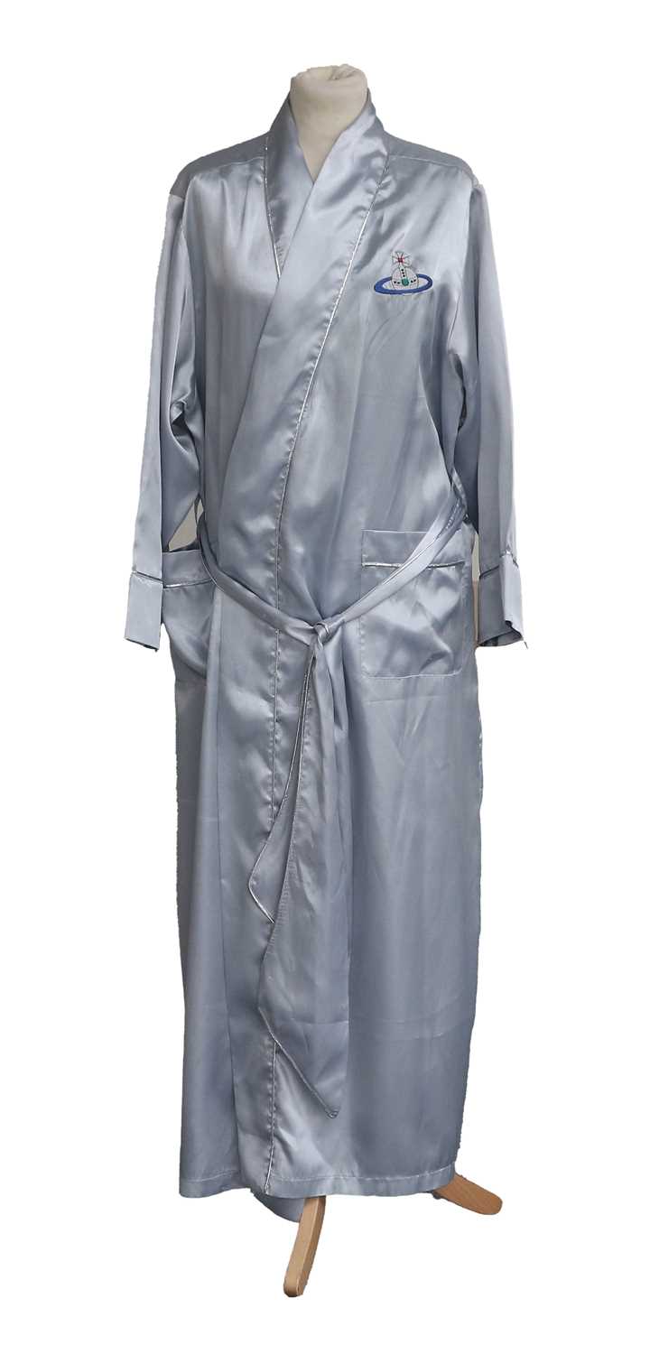 Circa 1990s Vivienne Westwood Pale Blue Silk Type Dressing Robe, embroidered with the orb to the