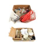 Assorted Haberdashery, Lace and Eastern Woven Textiles, comprising wicker sewing basket, lace