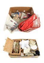 Assorted Haberdashery, Lace and Eastern Woven Textiles, comprising wicker sewing basket, lace