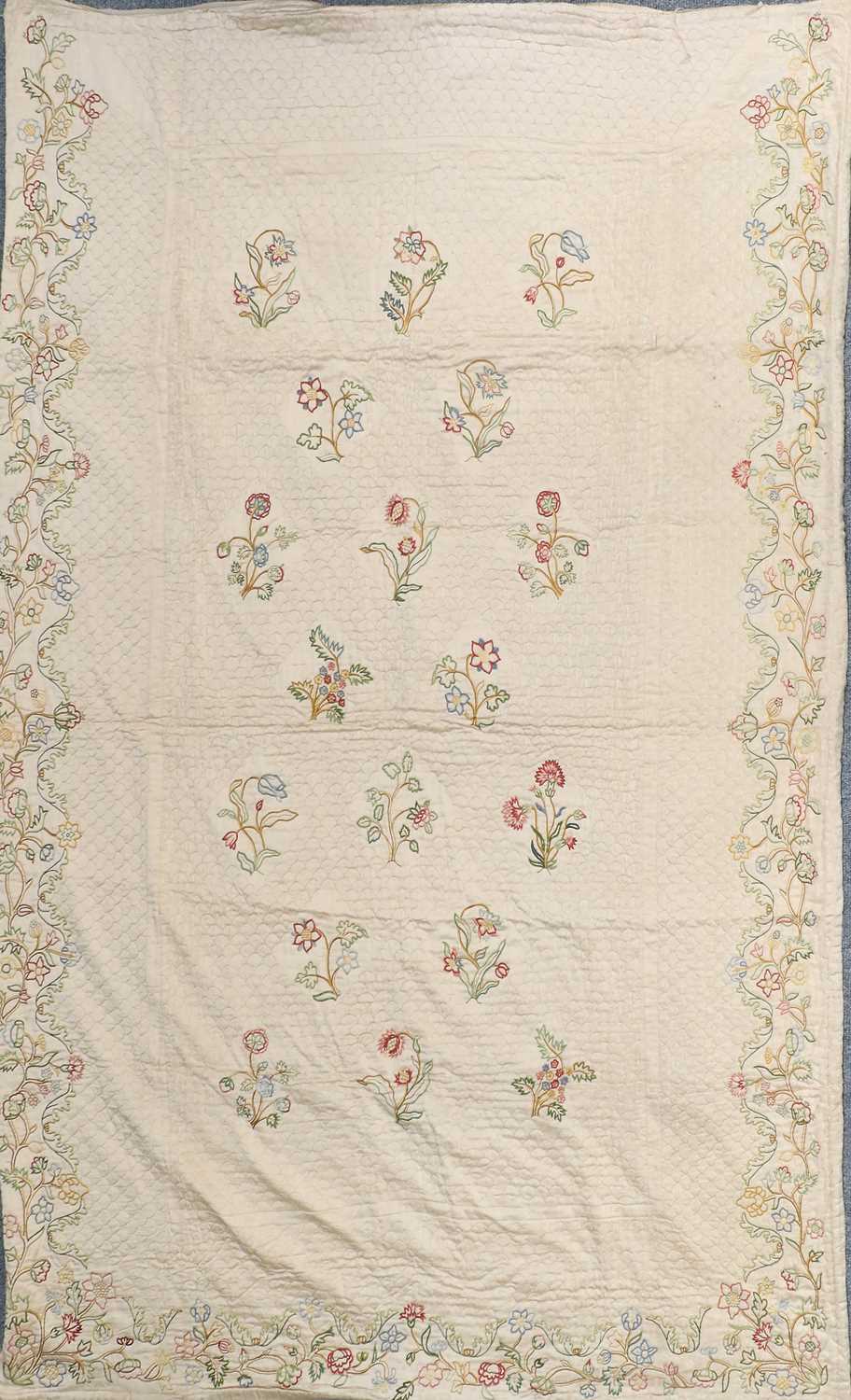 Early 20th Century Quilt, worked in purple and yellow patched shapes in alternating squares on a - Image 2 of 5